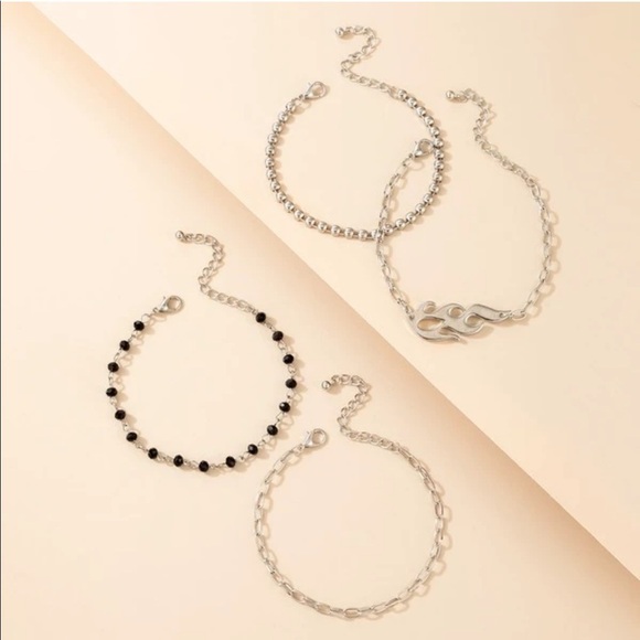 Layered Silver Flame Black Beaded Bracelet Set - Picture 3 of 5